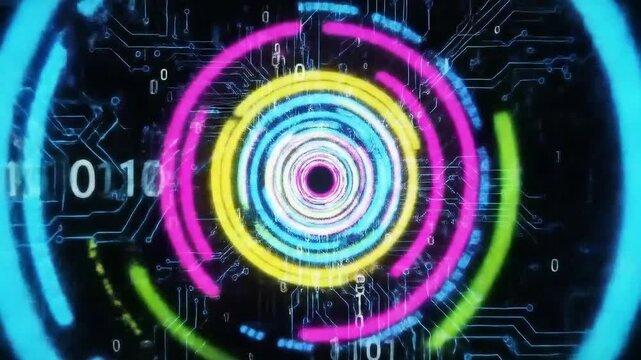 Abstract digital art with concentric circles and binary code, symbolizing technology, data, and futuristic concepts