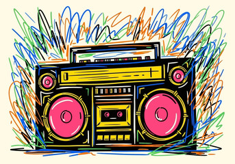 Colorful retro boombox surrounded by vibrant abstract lines  
