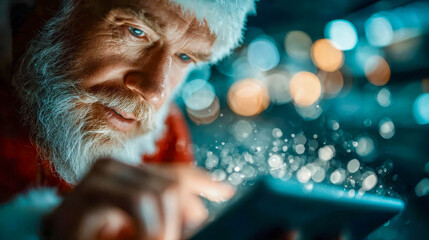 Santa Claus in red suit working on a laptop with financial charts, symbolizing modern Christmas business and technology