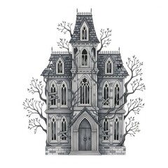 Fototapeta premium Monochrome Gothic Style Mansion Illustration with Bare Trees and Stone Texture