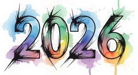 Vibrant watercolor splash year 2026 illustration with hand drawn numerals and artistic splatter effects