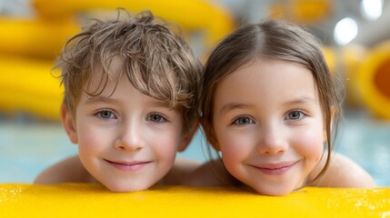 Kids enjoying a fun time together in a colorful pool at a water park on a sunny day