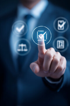 Digital confirmation: Man selecting checklist icon for task approval, showcasing online verification and business process completion.