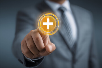 Businessman pressing a glowing plus sign button on a virtual interface, symbolizing adding value or positive growth.