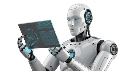 Futuristic robot using digital tablet for innovative solutions, envisioning next generation technology and automation in modern digital age, ai assistance