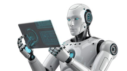 Futuristic robot using digital tablet for innovative solutions, envisioning next generation technology and automation in modern digital age, ai assistance