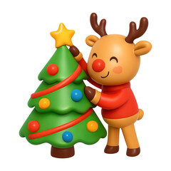 Fototapeta premium PNG Festive reindeer decorates Christmas tree.