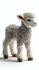 Obraz premium A detailed figurine of a young lamb covered in small white and grey beads with brown hooves and ears is captured in a studio setting against a clean white backdrop.