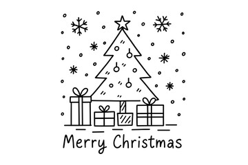 Fototapeta premium Minimalist christmas tree with snowflakes and gifts in linear style