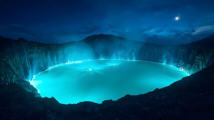 Mystical illumination of Kawah Ijen volcano crater lake at night time scene