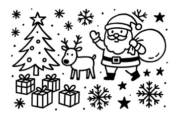 Fototapeta premium Festive christmas scene with santa, reindeer, and gifts in outline style