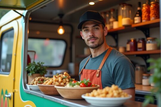 Innovative: A Vibrant Young Food Truck Entrepreneur Unleashing His Creative Flair with Colorful Street Eats
