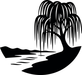 Weeping willow tree by river silhouette illustration