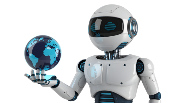 Futuristic robot holding a globe, representing global connectivity, innovation, and technological advancement in a modern, sleek design, AI solutions concept