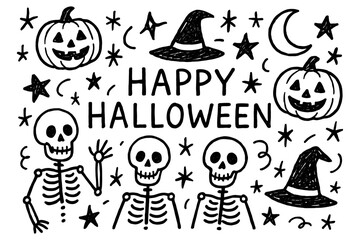 Obraz premium Playful halloween doodles with skeletons and pumpkins for festive designs
