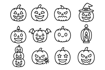 Halloween pumpkin faces collection in linear style for seasonal decor and fun
