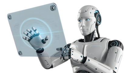 Robot using futuristic transparent technology, accessing data stream interface, innovative AI, future of technology, seamless interaction, digital transformation