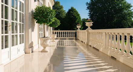 Elegant Balcony with White Marble Floor and Ornate Railings
