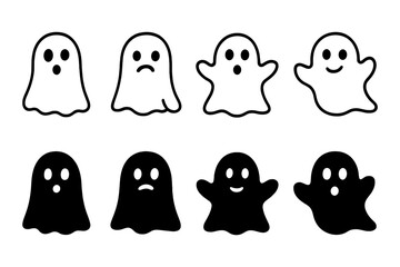 Cute ghost icons in minimalistic black and white for halloween design