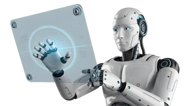 Robot using futuristic transparent technology, accessing data stream interface, innovative AI, future of technology, seamless interaction, digital transformation