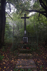Crucifix in misty early autumn forest