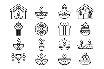 Festive diwali icon set featuring oil lamps, rangoli, and gift in line art style