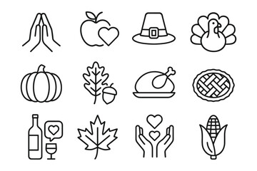 Minimalist thanksgiving icons: celebrating gratitude and harvest in simple line art