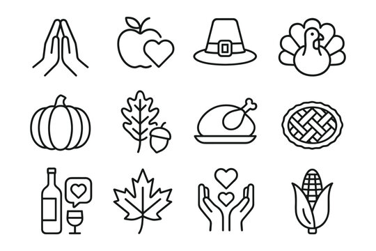 Minimalist thanksgiving icons: celebrating gratitude and harvest in simple line art