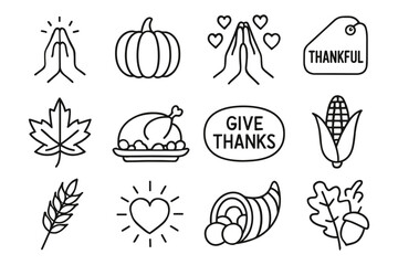 Thanksgiving holiday icons collection: autumn and gratitude symbols in simple linear style