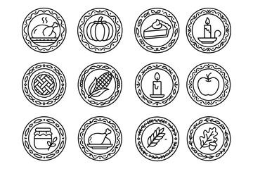 Autumn harvest icons in linear style with seasonal foods and decorations