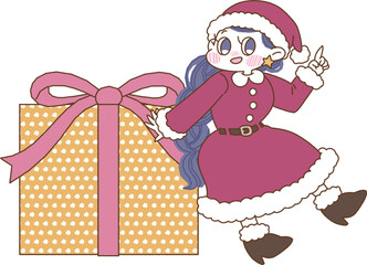 サンタクロースのコスチュームを着た女の子と大きなプレゼントのイラスト