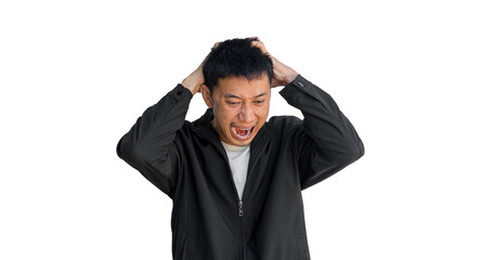 Young Asian man in black coat who is angry holding his head with his hands isolated on white background. Violent emotional outbursts. The concept of excessive stress.
