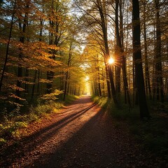 Golden Sunlight Through Forest Path in Autumn
