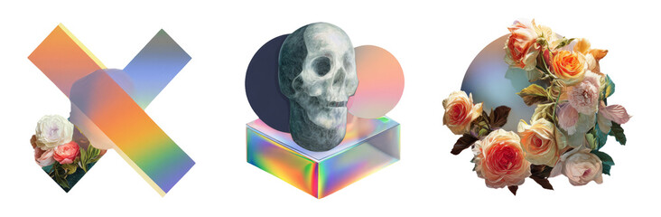 Retro Cutout Collage with Floral Elements and Skull on Transparent Background