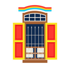 window with bright shutters and a grate, traditional in southern European countries, is drawn in flat style and highlighted on white background. traditional Italian window, detail of national Italian 