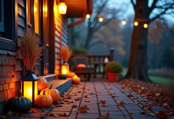 Cozy house porch decorated for Halloween with pumpkins, lanterns and dry autumn leaves at dusk, ideal for seasonal advertising, invitations, festive banners, posters and copy space for text placement