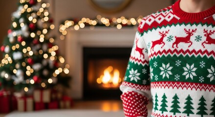 Festive Christmas Sweater with Reindeer Motif and Fireplace Background Bokeh Lighting