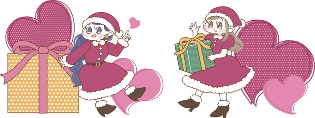 サンタクロースの衣装を着てプレゼントを持った2人の女の子のイラスト
