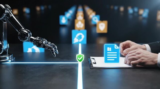 Digital Transformation - RPA Handoff: Robot delivers a document tile across a center guideline; a shield-check flashes and resets.