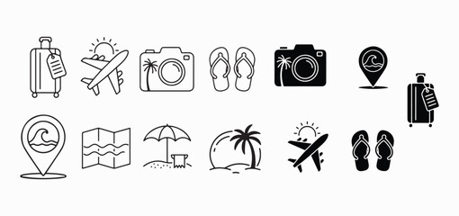 Summer vacation line art icons for travel and tourism theme