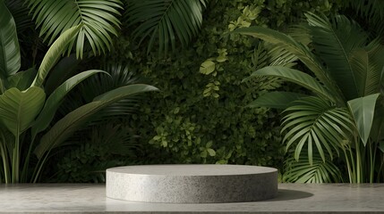 Minimal concrete podium stage for product placement with tropical green foliage background