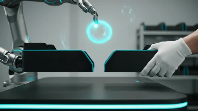 Digital Transformation - RPA Handoff: Bot inbox meets human outbox; a rotating handoff arrow collapses into a dot that lingers.