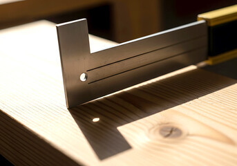 Closeup of a metal square tool on a wooden surface
