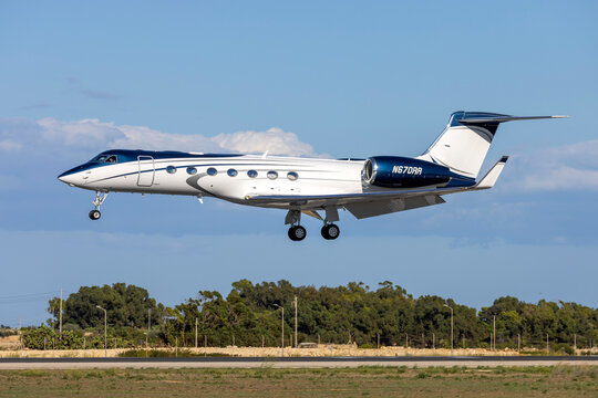 Luqa, Malta - October 7, 2025: Gulfstream G550 (REG: N670RR) on finals on a sunny afternoon.
