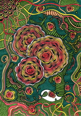 This illustration is a vibrant and lively abstract piece. The central elements are three large spiraling shapes in warm shades of red, orange, and yellow, reminiscent of flowers or coral.