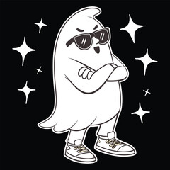 Cool ghost with sunglasses standing with crossed arms on