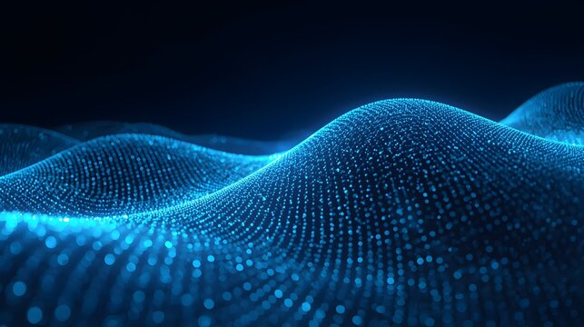 A glowing grid of blue particles forms a smooth, undulating wave across a dark background, symbolizing data flow, quantum energy, and futuristic digital landscapes with depth and motion.