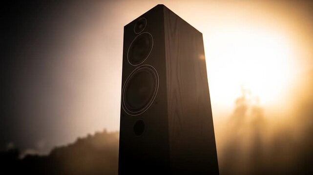 Tall audio speaker with multiple drivers glows in warm backlight.