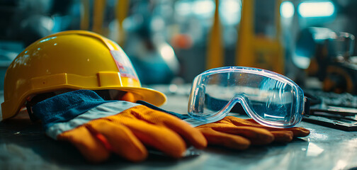 Personal protective equipment yellow hard hat safety glasses gloves for industrial workplace safety
