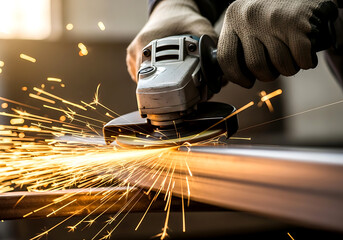 Close up of a worker using an angle grinder with sparks flying